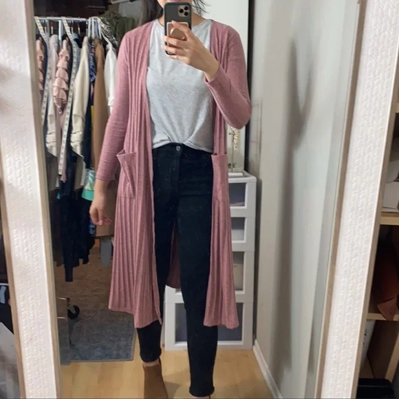 EUC Lularoe Rose Pink Extra Long Longline Pleated Duster Cardigan Sweater - Picture 1 of 6